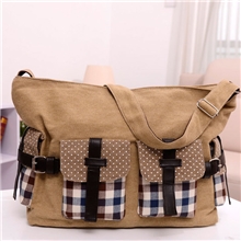 秋冬热卖帆布单肩包格子双兜装饰斜跨包时尚韩版潮流女包
