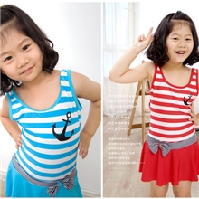 厂家批发秀浪儿童泳衣海军条纹连体儿童泳衣裙式泳衣
