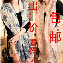 2013薄秋冬女款长款青花瓷围巾批发披肩新款绒雪纺质感丝巾厂家