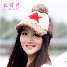 韩版秋冬季时尚五角星毛绒棒球帽女士毛线帽子鸭舌帽批发韩国帽