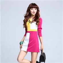 秋装新款女装时尚裙子撞色拼接韩版修身OL气质长袖连衣裙