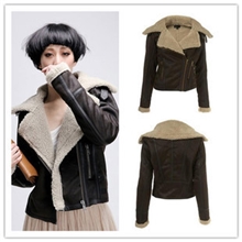 原单topshop官网麂皮羊羔绒内胆修身机车大翻领女短款皮衣外套