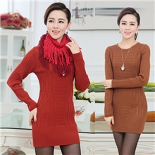 桐乡濮院针织衫批发修身套头圆领针织打底毛衣带围巾中长款毛衫女