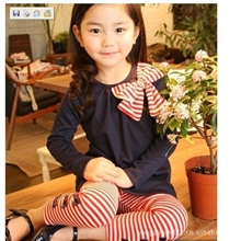 童装2013秋款新品女童蝴蝶结t恤+条纹打底裤童套装童装批发