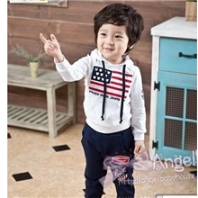 广东产地韩版米奇头美国旗连帽卫衣运动童套装