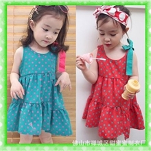 13夏款童裙批发女童波点背心裙单肩蝴蝶结A字裙女童长裙批发