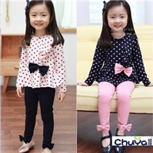 秋装韩版童装新款女宝宝儿童公主淑女范圆点蝴蝶结运动休闲套装