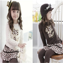 韩版童套装女童两件套新款韩版长袖豹纹卡通小猫裙套厂家直销
