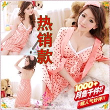 情趣内衣/性感睡衣/女士内衣睡衣/绸缎冰丝粉色波点三件套装1355