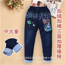 特价款女中大童裤砂洗加棉加绒牛仔裤三层加厚美女印花夹裤棉裤