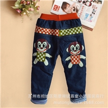 冬季童装牛仔裤中小童男童裤猴子印花加绒加厚加棉牛仔裤批发