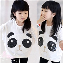 卡哇伊B秋款女童亮片熊猫蝙蝠长袖T恤童装批发