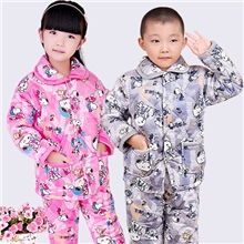 秋冬款珊瑚绒夹棉保暖睡衣童装儿童女童男童加厚棉袄家居服套装