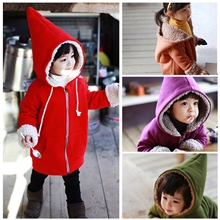 韩版外套童装批发2013秋冬加厚儿童尖尖帽羊羔绒棉衣大衣棉服