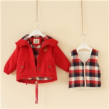 马甲两件套到货外贸童装格子里衬双层风衣儿童燕尾棉风衣C1026-2