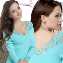 批发321女士莫代尔秋衣秋裤蕾丝双V领无缝美体基础保暖内衣套装