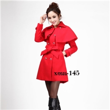小魅娘一件代女式风衣2013冬季可脱卸斗篷披肩款红色毛呢大衣外套