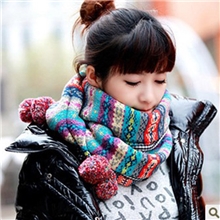 民族复古风球球格子提花双面手工毛球球毛线围巾女士围脖批发