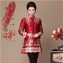 13秋装新款红色真丝褶皱气质婚礼妈妈装小立领长款开衫上衣