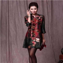 13秋装新款印花褶皱妈妈装中国风真丝长款中袖上衣中老年唐装女