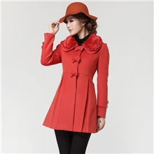 2013冬季新款红色毛呢大衣蝴蝶结扣毛领褶皱边时尚广州女装批发