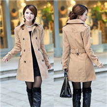 秋冬新款女式韩版中长款毛呢外套风衣双排扣中长款呢外套批发