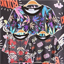 2013新款日本zipper街拍款原宿风百搭印花半截短款T恤T317