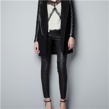 欧美立领衍缝皮袖中长毛呢大衣皮袖圈圈呢风衣女装外套批发