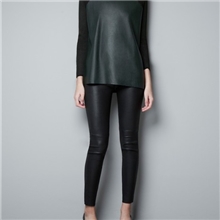 秋装新款欧美圆领长袖不规则拼皮针织衫批发女装套头PU拼接上衣