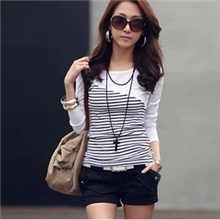 2013秋装新款韩版条纹拼接圆领长袖修身t恤女