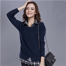 秋冬新款女装假两件大码长袖针织衫韩版纯色女式衬衣领T恤毛衣