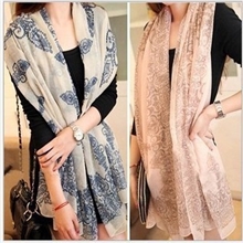 2013新款巴厘纱印花青花瓷披肩超长韩国秋冬女士潮韩版围巾
