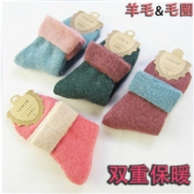 冬季保暖加厚毛圈拉毛纯色翻边女袜兔羊毛袜子厂家批发