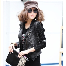 2013秋装做旧水洗牛仔拼接PU皮短款小外套欧美范街头风牛仔衣