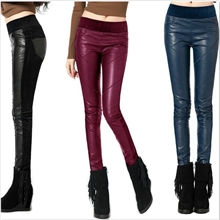 秋冬新款大码女装松紧腰显瘦PU仿皮拼接铅笔裤小脚裤打底裤批发
