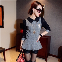 新款时尚小翻领小洋装千鸟格拼接蕾丝荷叶摆格子衬衫上衣