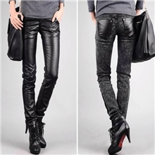 秋冬新款女装小脚铅笔裤靴裤加厚PU仿皮拼接牛仔裤加绒打底裤批发