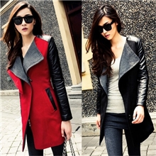 工厂直销秋季新款皮拼接大翻领撞色中长款女毛呢大衣外套批发