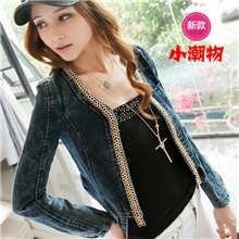韩版秋冬女装外套弹力链条镶边时尚韩国新款秋季女装牛仔外套