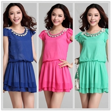 新款短袖连衣裙雪纺裙夏季圆领宽松大码雪纺连衣裙女