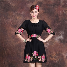 欧美秋装新款连衣裙重工刺绣真丝连衣裙子牡丹花刺绣中袖批发