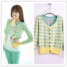 y520韩国爆款女装心形图案长袖开衫女式针织衫开衫外套清仓