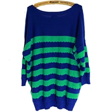 hp98033韩国时尚女装宽松条纹百搭大码蝙蝠袖针织衫毛衣女