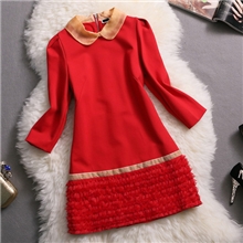 2013秋季新款欧美女翻领拼木耳边下摆七分袖连衣裙