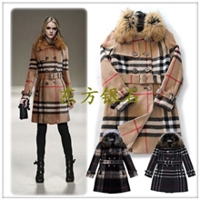 外贸清仓冬装新款双排扣格纹貉毛领大衣欧美大牌外贸女装毛呢外套