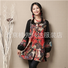经典雅秀原创2013年春季中老年休闲宽松印花手工盘扣拼接中长款
