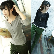 秋季新品修身打底衫弹力棉V领显瘦拼接长袖t恤衫批发