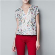 2013春夏新品女装欧美风专柜同款碎花衬衫V领套头短袖衬衣
