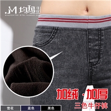 加绒松紧牛仔裤加绒加厚雪花牛仔裤小脚裤子胖mm大码服装女裤