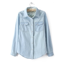 2013春秋季欧美中长款薄款浅色修身碎花翻领长袖牛仔衬衫衬衣女